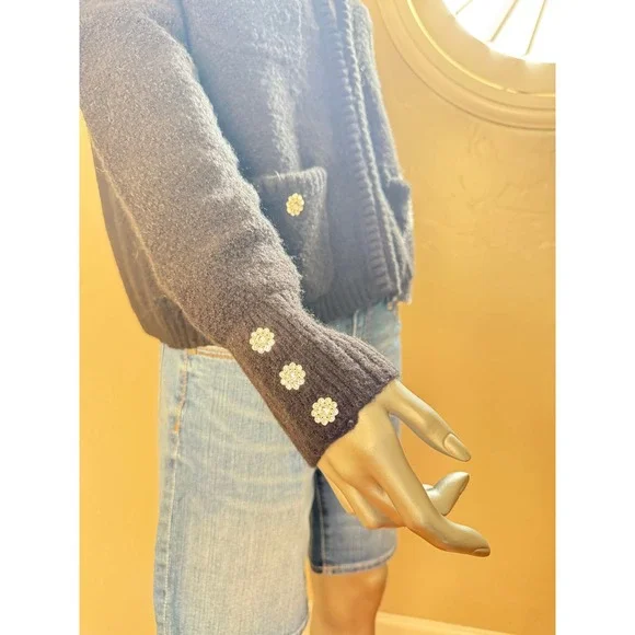 A Loves A Black Knit Lady Jacket Cardigan Jewel Buttons Old Money Chanel Style - Picture 4 of 6